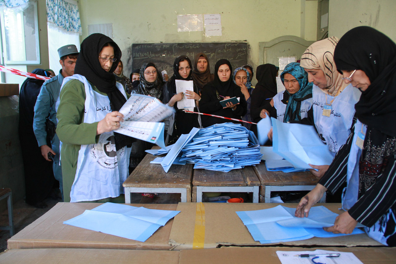 Electoral Staff from Independent Election Commission (IEC) opening ballot boxes for counting in Herat: 18 September 2010