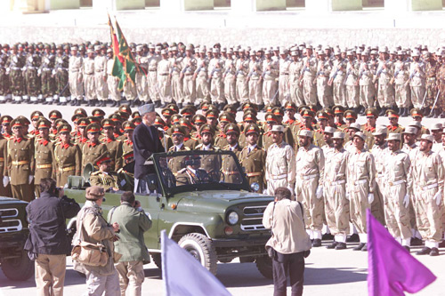 The first Afghan National Army battalion is honored as it readies to depart the Kabul Military Training Center. (Photo by Jason Howk)