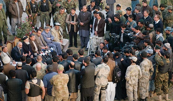 Members of the High Peace Council and provincial governors from southern Afghanistan answer questions about reconciliation and reintegration during a press conference in Kandahar City in 2010. (U.S. Army photo by SPC Edward A. Garibay)