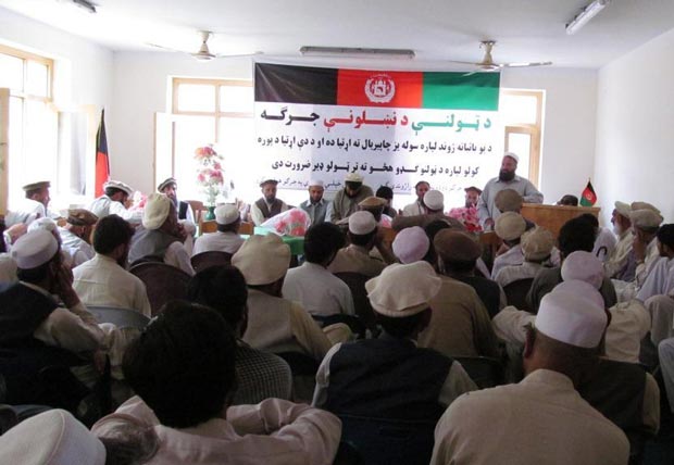 With the financial support of CCI, the governor of Marawara District hosts a community cohesion jirga in Marawara District, Kunar Province, in September 2012. (USAID/OTI photo)