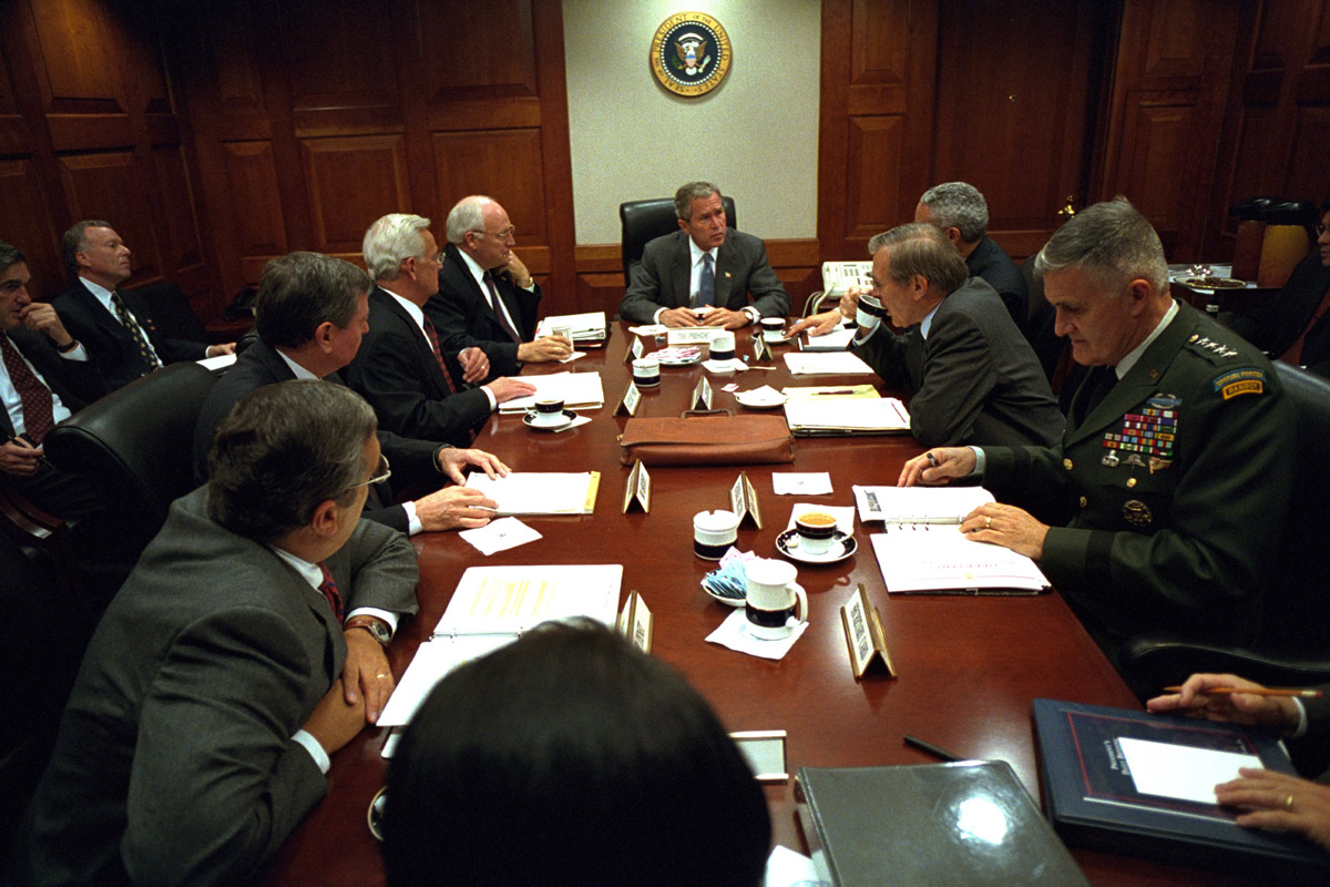 President George W. Bush meets with the National Security Council in the Situation Room of the White House on September 20, 2001. (White House photo)